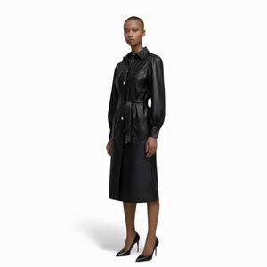 J. CREW Black Faux Leather Shirt Dress Belted Midi Women's Size 6